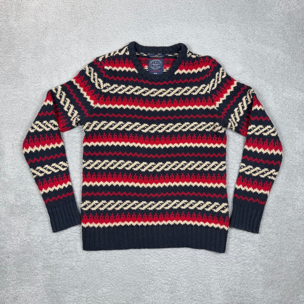 VTG American Eagle Mens Athletic Fit Fair Isle Sweater‎ Navy Red Cotton Blend M